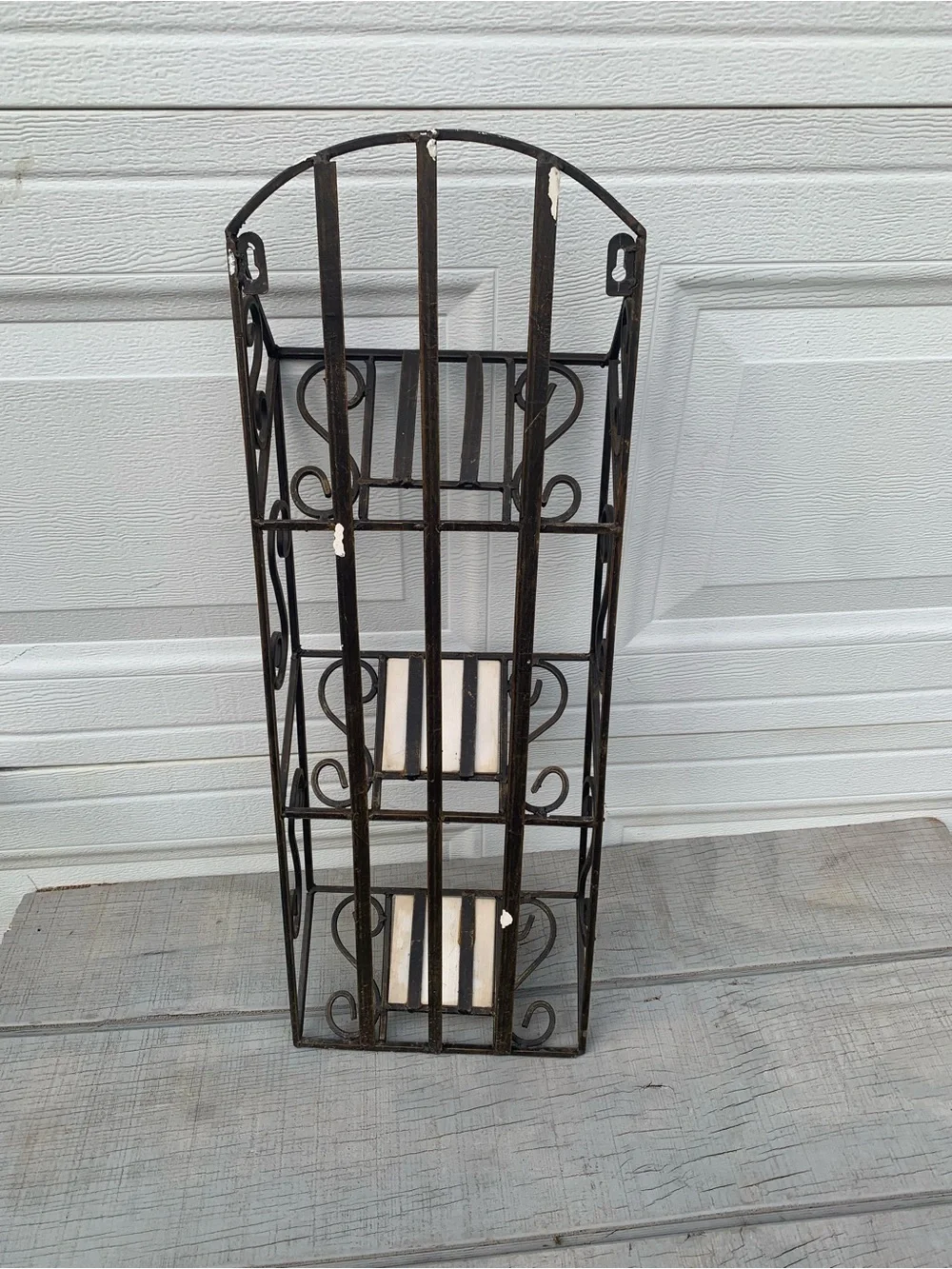 Vintage Wrought Iron Wall Rack 3 Tier Shelf Fruit Tile Mail Magazine Organizer
